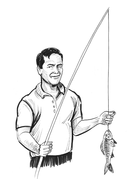 Man with a fishing rod and caught fish. Ink black and white drawing