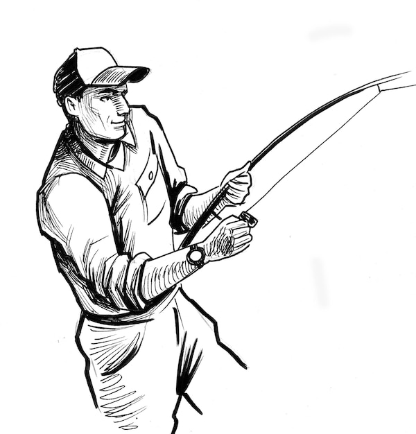 Man with a fishing rod. Ink black and white drawing