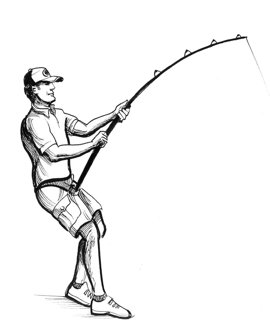 Man with a fishing rod. Ink black and white drawing