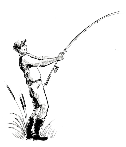 Man with a fishing rod. Ink black and white drawing