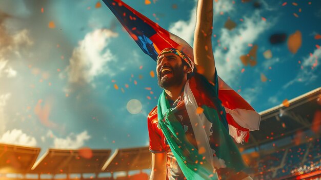 Photo a man with a flag that says quot the national quot on the front