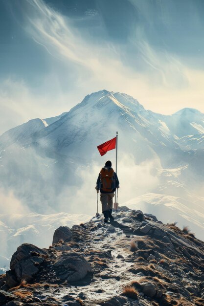 man with a flag on top of a mountain Generative AI