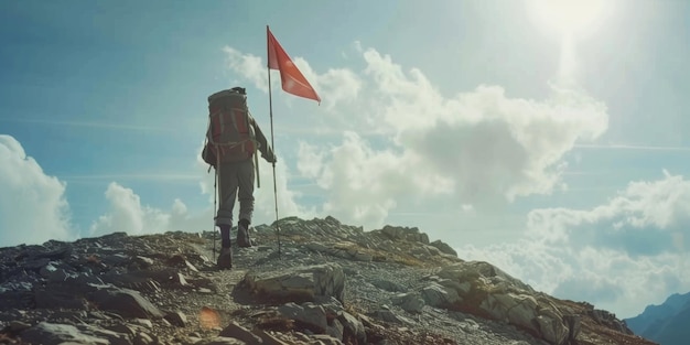 man with a flag on top of a mountain Generative AI