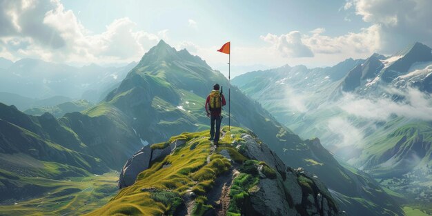 man with a flag on top of a mountain Generative AI