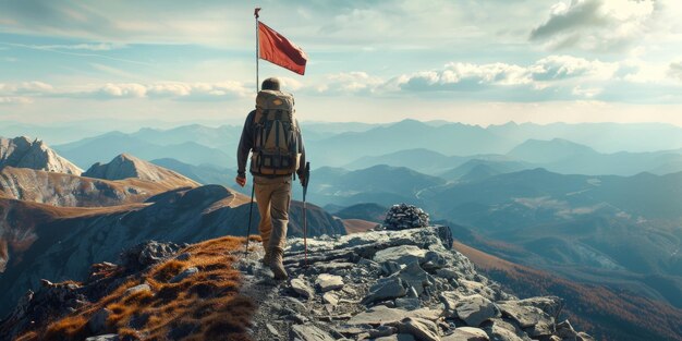 Photo man with a flag on top of a mountain generative ai