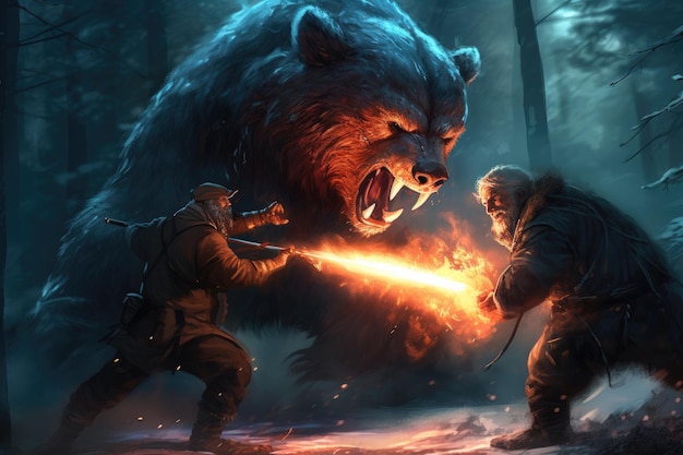 Photo man with a flamethrower fighting with a demon bear