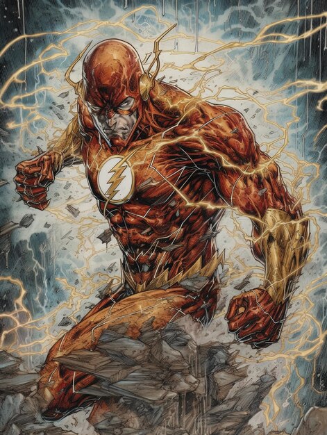 a man with a flash on his chest is shown