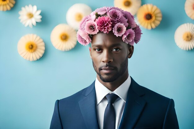 a man with a flower crown on his head is wearing a flower crown.