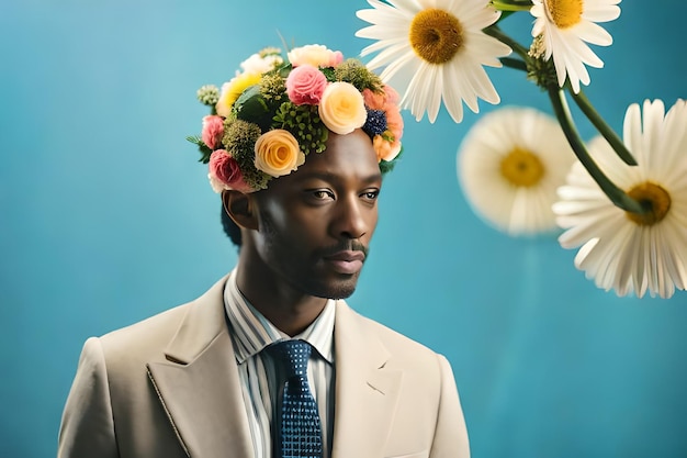 a man with a flower crown on his head is wearing a flower crown.