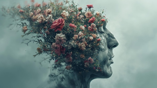 A man with flowers in his hair and a cloud behind him ai