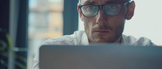 A man with a focused expression scrutinizes his laptop screen immersed in critical thinking and problemsolving