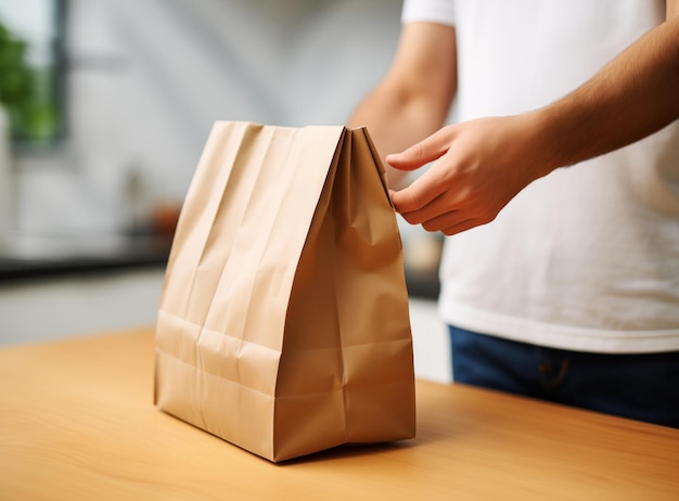 Foto un uomo con un sacchetto di carta per cibo takeaway concept