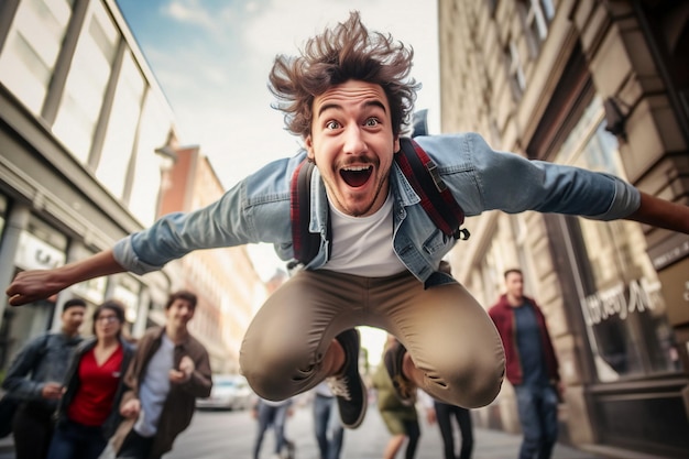 Foto uomo con gli amici salta sulla strada della città