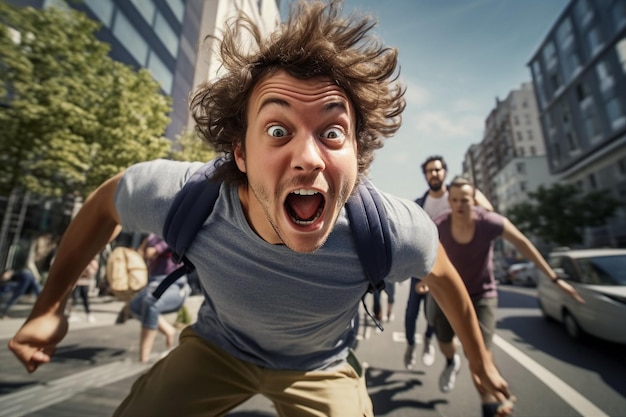 Photo man with friends jump on city street