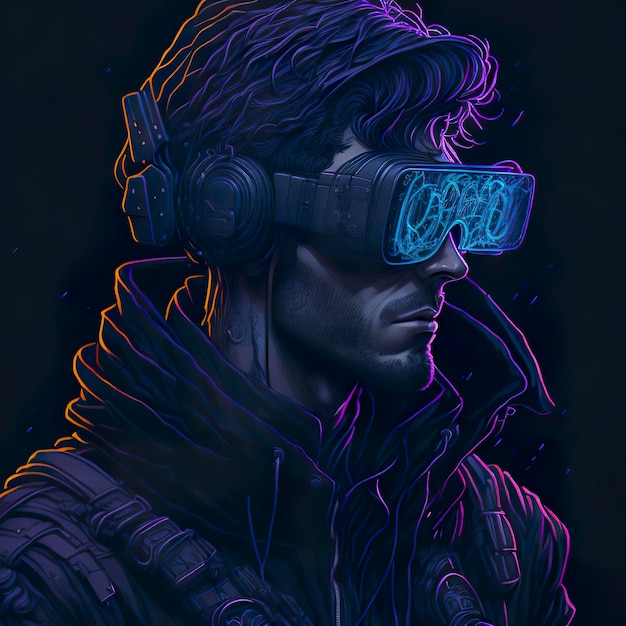 A man with a futuristic glasses and a neon sign that says'cyberpunk'on it