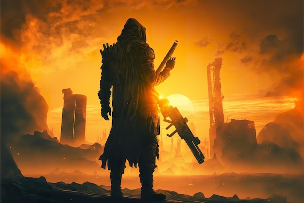 A man with a futuristic weapon on the background of sunset