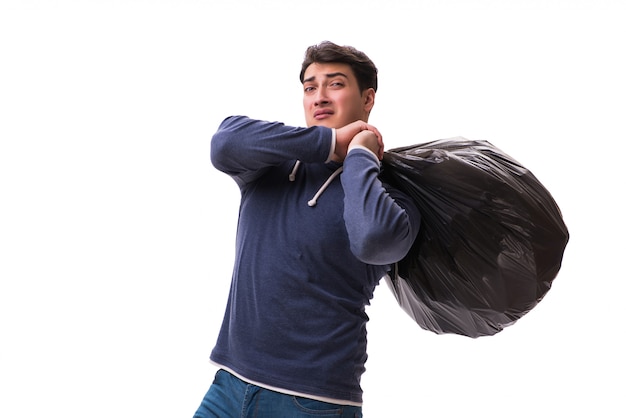 Man with garbage sack isolated