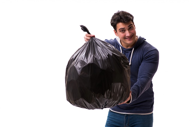 Man with garbage sack isolated