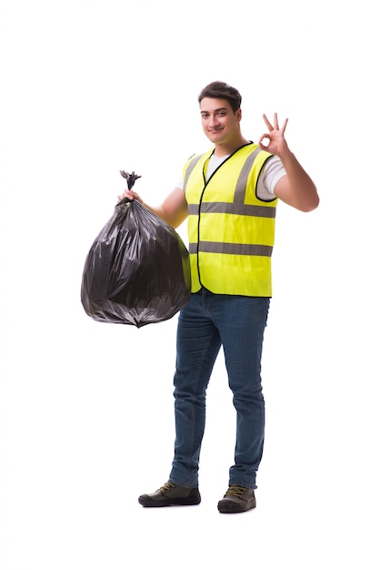 Man with garbage sack isolated