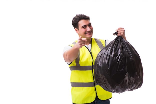 Photo man with garbage sack isolated