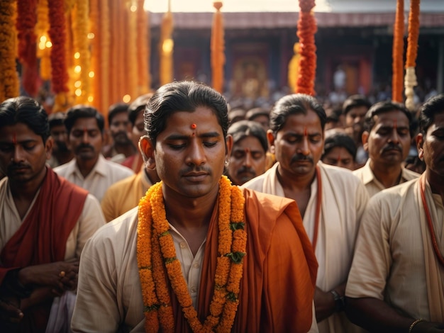 a man with a garland around his neck and a crowd of people