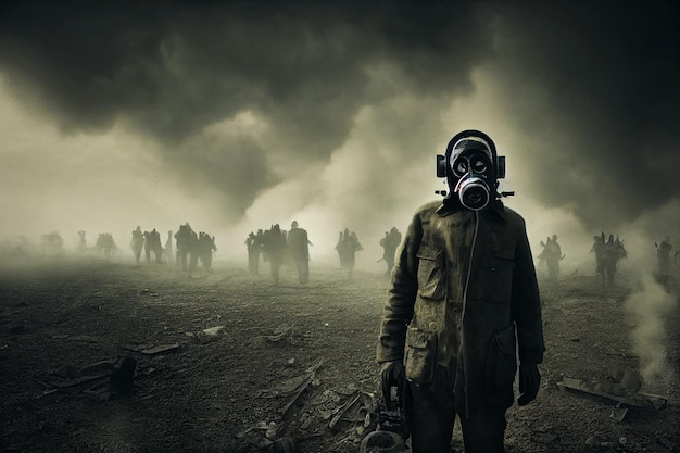 Photo man with gas mask in apocalyptic post war environment
