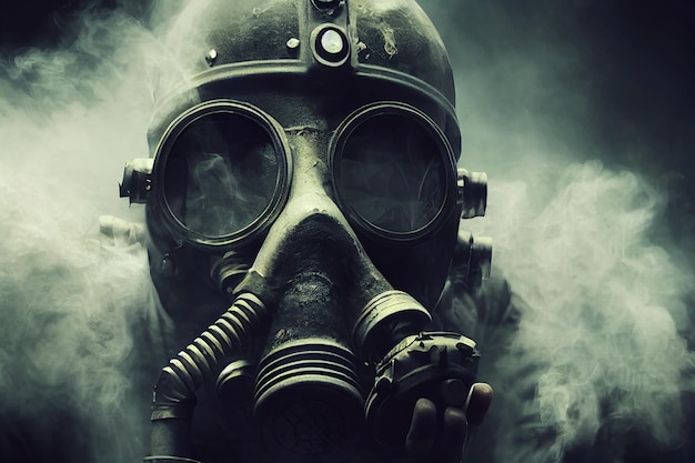 Man with gas mask in apocalyptic post war environment