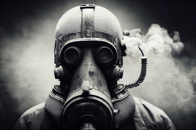 Man with gas mask in apocalyptic post war environment