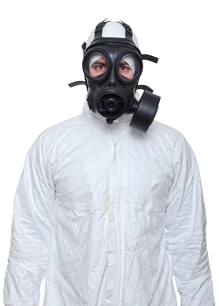 Man with gas mask isolated on white