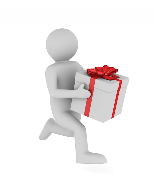 Man with gift box on white.