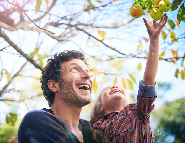 Man with girl child in garden picking from apple tree and happy outdoor love and family together in orchard Father spending quality time with young daughter on farm fruit and happiness in nature