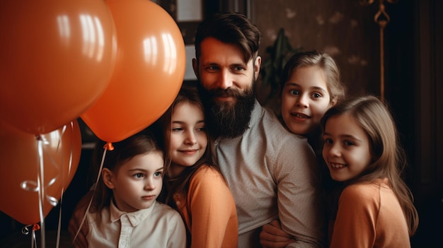 A man with a girl and two orange balloons