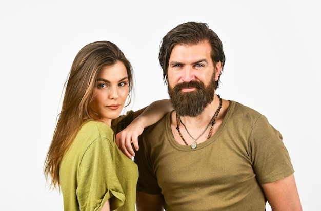 Man with girlfriend Relationship and dating Modern couple How male cosmetics are different from female Couple in love Sexy couple Bearded man and woman Fashion and beauty Valentines day