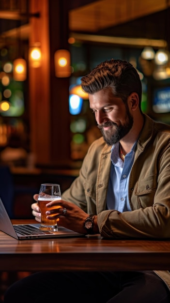 a man with a glass of beer is looking at his laptop.