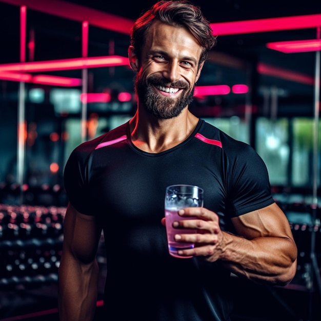 Photo a man with a glass of water in a gym.