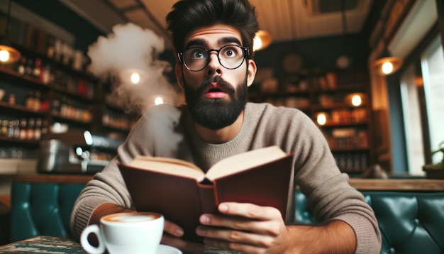 Photo a man with glasses and a beard engrossed in reading a book