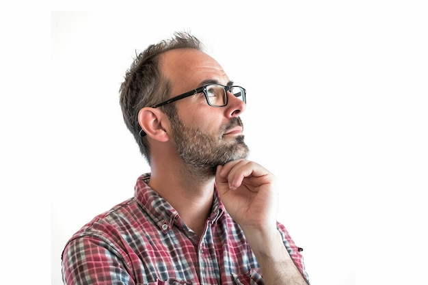 A man with glasses and a beard is looking up