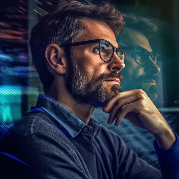 A man with glasses and a beard is sitting in front of a poster that says " the man is wearing glasses ".