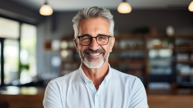 A man with glasses and a beard proud owner of small business smiling ai