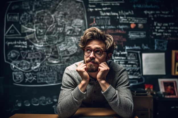 Photo a man with glasses and a beard sits in front of a blackboard with a quote from the author of the book.