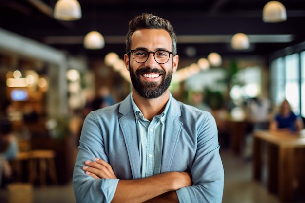 A man with glasses and a beard stands in a restaurant.