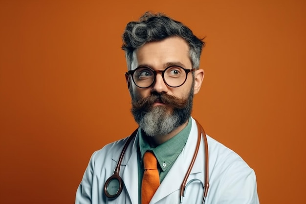 Photo a man with glasses and a beard wearing a white coat with a stethoscope