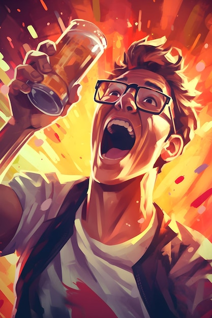 A man with glasses and a beer is screaming.