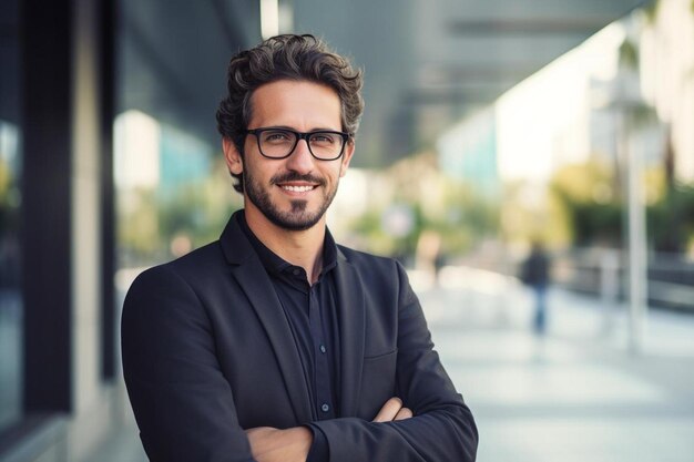 a man with glasses and a black shirt is standing in front of a building