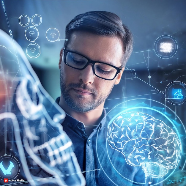 a man with glasses and a blue shirt is looking at a computer screen