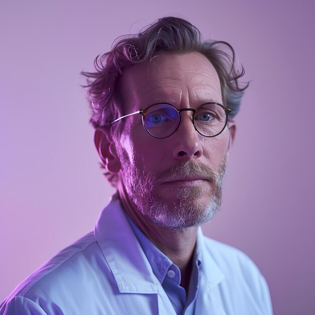 Photo a man with glasses and a blue shirt looks at the camera with a serious look on his face