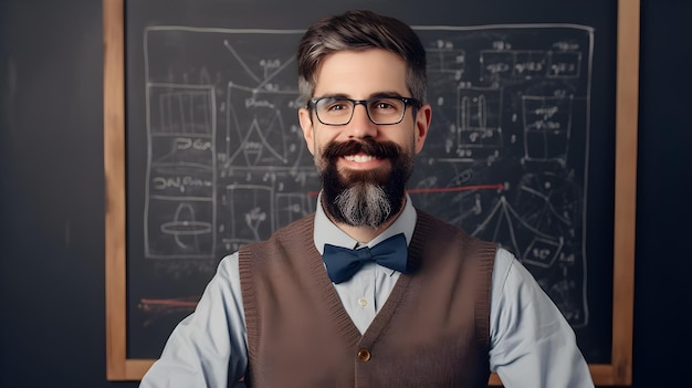 A man with glasses and a bow tie stands in front of a blackboard with drawings on it.