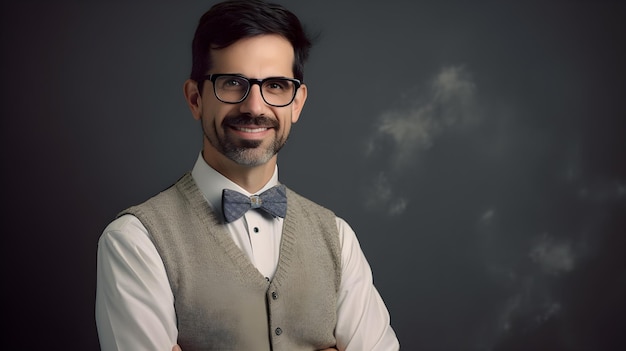 A man with glasses and a bow tie stands in front of a dark background.