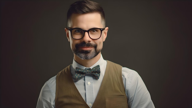 A man with glasses and a bow tie stands in front of a dark background.