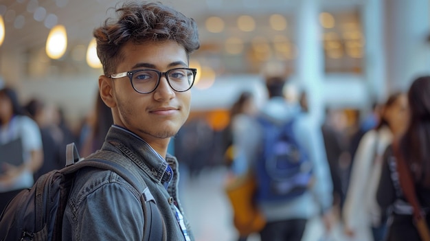 Photo man with glasses in crowded area at career fair